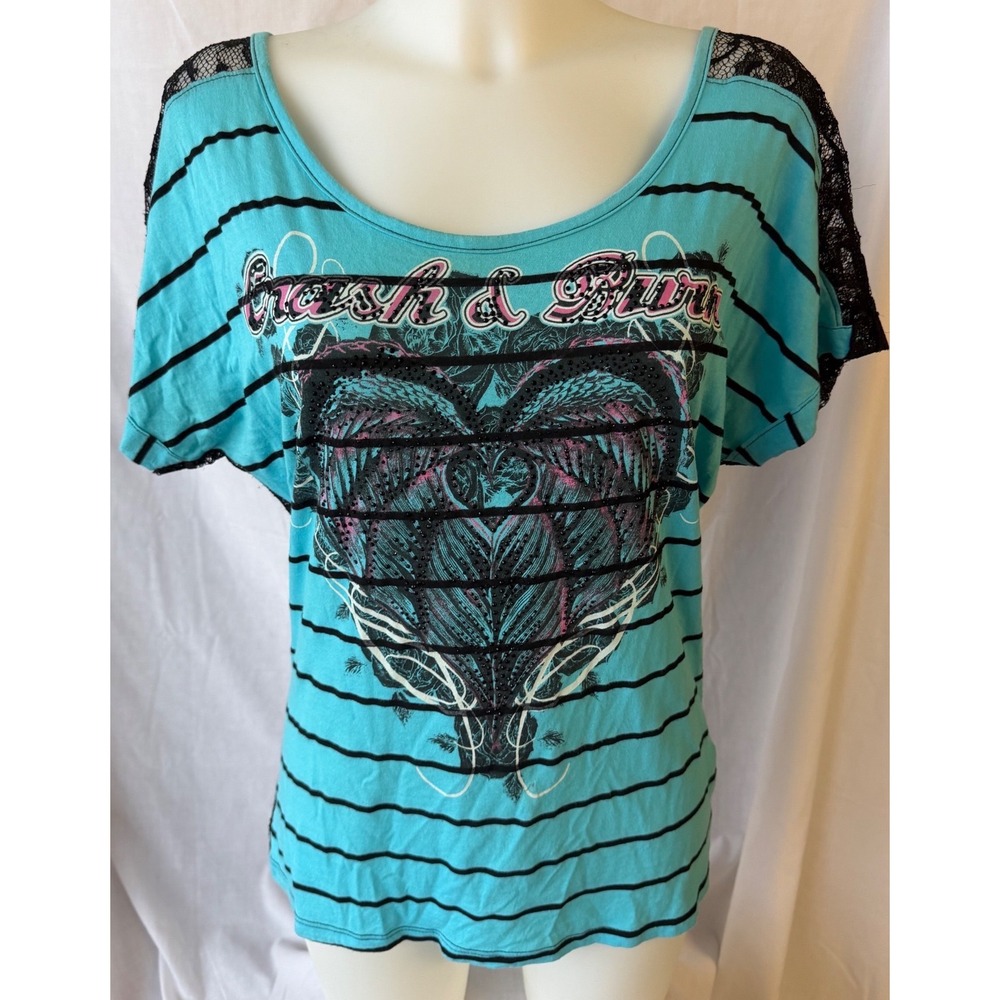 Crash and Burn Graphic Tee 2000s Turquoise Striped Lace Back Winged Heart Medium